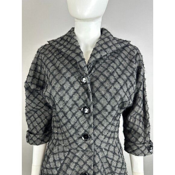 Vtg 50s R&K Gray Black Checker Wool Fit Flare Button Dress Size Small Womens - Picture 6 of 8